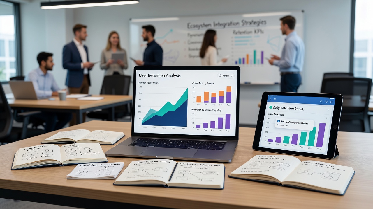 Detailed view of collaboration features and integration examples in note productivity software with user activity graphs