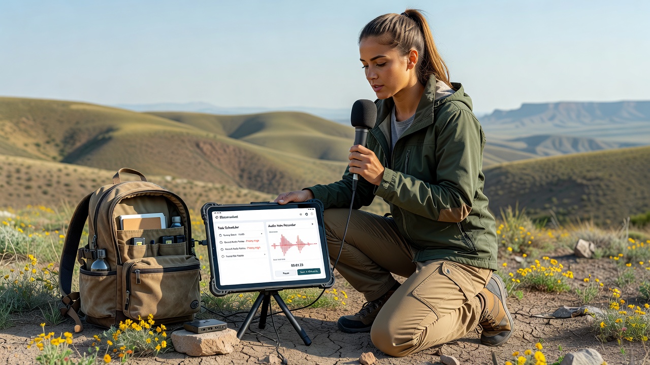 Dashboard view in Bloomvelvet showing audio notes linked to scheduled tasks for a field research team