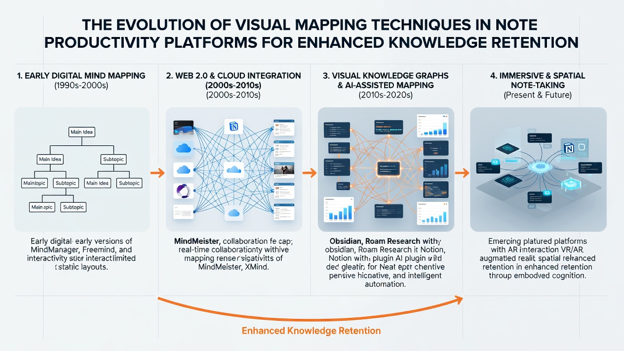 Modern AI-enhanced visual mapping dashboard showing interconnected nodes, clusters, and retrieval suggestions within a note productivity interface